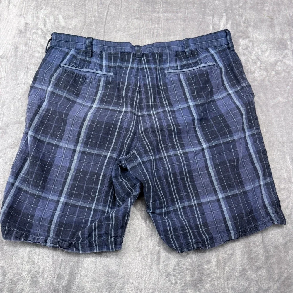 Banana Republic Shorts Mens 38 Plaid Navy Blue‎ Linen Cotton Blend Flat Front